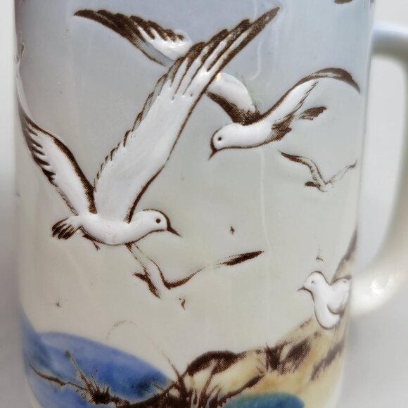 Vintage Otagiri Ceramic Coffee Mug Seagulls Coastal Scene in Handpainted Relief - Picture 2 of 8